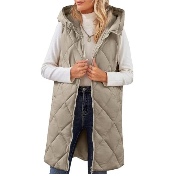Women's Sleeveless Quilted Long Puffer Vest Hooded Full Zip Jacket Coat - Picture 2 of 7